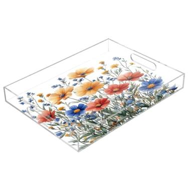 Imagem de STAYTOP Bandeja acrílica para servir flores silvestres em aquarela 15,7 x 11,20 cm, bandejas decorativas à prova de derramamento, organizador de bancada para café da manhã, chá, comida, maquiagem
