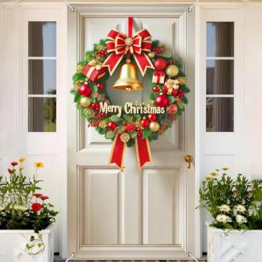 Imagem de BlissYard Capa de porta de Feliz Natal 188 x 89 cm Faixa de Natal para decoração interna de porta da frente, decoração interna, grande, laço de ouro vermelho, pano de fundo com caixas de presente de