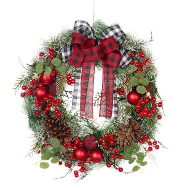 Imagem de Guirlanda de Natal de 43 cm com laços vermelhos e cinza, frutas vermelhas, pinhas e enfeites de bola vermelha para portas, janelas, mantos e decorações internas e externas