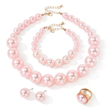 Imagem de MMIUAEG Brincos coloridos redondos com contas Neacklace conjunto retrô imitação de pérolas contas contas geométricas brincos pendentes 70s 80s colar exagerado pulseira joias, Medium, Zinco, Sem Pedra