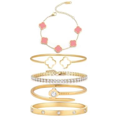 Imagem de Arthur Liu Conjunto de 5 pulseiras empilháveis de flores da sorte, One Size, Aço inoxidável, Zircônia cúbica