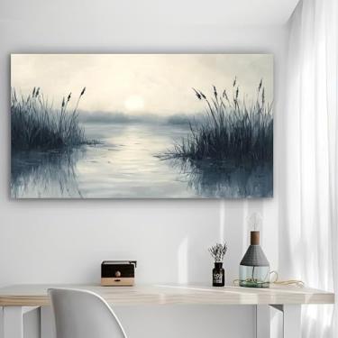 Imagem de Arte de parede em tela rústica Misty Lake Reeds - Pôster sem moldura de 30 x 61 cm - Decoração de casa e escritório para sala de estar, quarto, cozinha e café