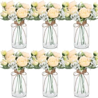 Imagem de Zeyune 6 conjuntos de vasos de vidro vintage com peônia artificial, buquês de flores, centro de mesa, decoração de casa de fazenda para casamento, arranjo floral, festa, decoração de mesa de casa
