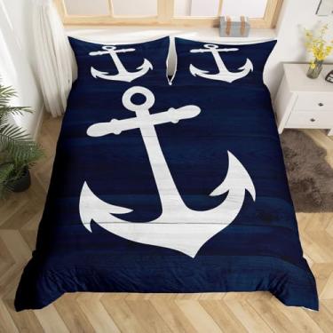 Imagem de jejeloiu Jogo de cama com tema náutico para crianças, âncora, tamanho casal, para decoração de quarto de meninos, meninas, adolescentes, oceano, sem edredom, macio, azul marinho, com 2 fronhas