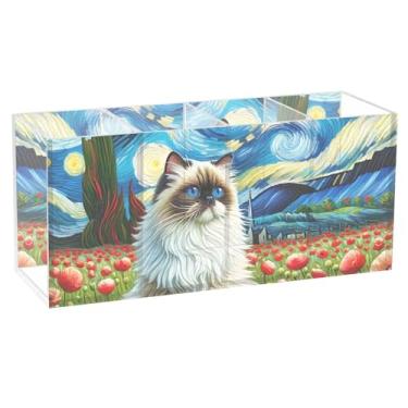Imagem de TSENQUE Ragdoll personalizado noite estrelada gato papoula acrílico bonito suporte para caneta de mesa, artesanato, maquiagem, pincel, porta-copos, material de escritório decorativo