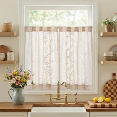Imagem de jinchan Belrose Linen, cortinas florais de cozinha, 91,4 cm de comprimento, bordadas, fazenda, café, para sala de estar, banheiro, conjunto de cortinas de janelas pequenas, filtro de luz transparente
