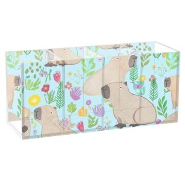Imagem de TSENQUE Porta-lápis fofo para mesa, capivaras fofas, flores coloridas, acrílico, pincel de maquiagem, suporte de lápis para marcador, organizador personalizado para decoração de mesa de escritório