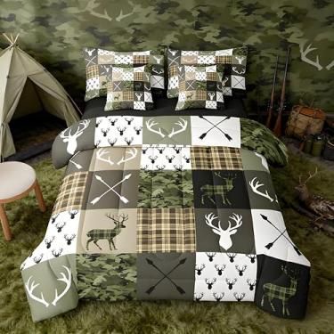 Imagem de Feelyou Conjunto de edredom solteiro de camuflagem verde de caça com 7 peças, animais selvagens, animais selvagens, decoração de quarto de animais e animais