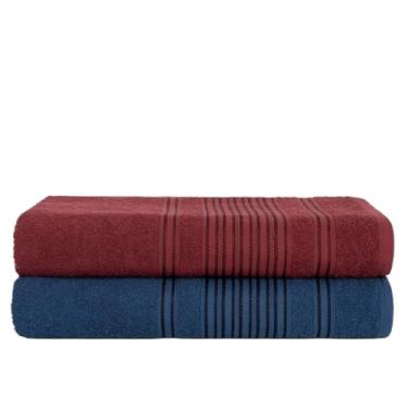 Imagem de Kit 2 Toalhas de Banho Luxo 100% Algodão 450g/m² Alta Absorção Macias 74x150cm(AZUL + BORDÔ)