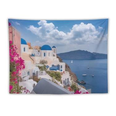 Imagem de Tapeçaria de igreja de cúpula azul buganvílias rosa à beira-mar veleiros Cliffside Village vibrante vista costeira decoração de parede para casa sala de estar quarto 152 x 203 tapeçarias