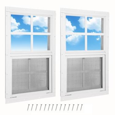 Imagem de Pacote com 2 janelas para galpão, janela embutida de 61 cm x 91 cm com vidro temperado e tela de fibra de vidro, janelas deslizantes pequenas para galinheiro, teatro, casa, garagem, celeiros, branco