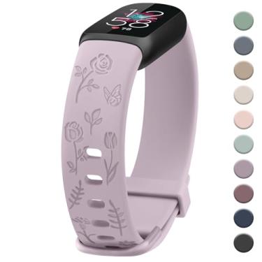Imagem de Pulseira feminina com gravação floral, compatível com Fitbit Luxe, pulseiras esportivas macias de substituição para monitor de fitness e bem-estar Fitbit Luxe (roxo claro)