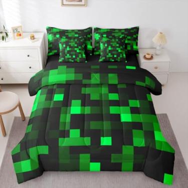 Imagem de jejeloiu Pixelated Conjunto de edredom tamanho casal verde neon preto com lençóis, fronhas e capa de almofada, conjunto de cama de 7 peças, supermacio, para decoração de quarto de crianças, meninas