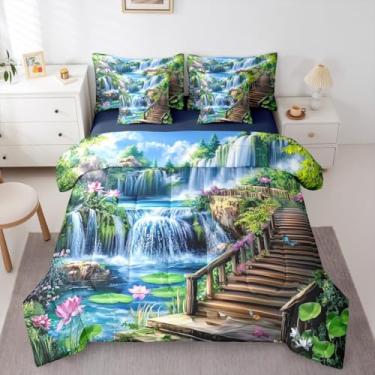 Imagem de Conjunto de cama king de paisagem natural, 7 peças, pintura a óleo, cachoeira, conjunto de cama de flor de lótus, inclui edredom, conjunto de lençol, fronhas e fronhas, decoração de quarto de montanha
