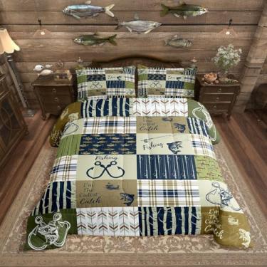 Imagem de Erosebridal Conjunto de edredom de pesca King Bass Pike para crianças, meninos, homens, conjunto de cama com gancho de vara de pesca, presente para pescadores, amantes de pesca, conjunto de edredom