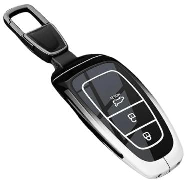 Imagem de Capa protetora para chave inteligente de carro em liga compatível com Hyundai / Santa Fe / Tucson 2022 / NEXO NX4 / Atos Prime / Solaris 2021 Acessórios chaveiro(Q-black white-chain)