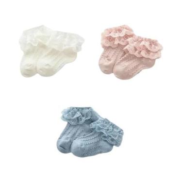 Imagem de Meias Curtas De Algodão Respirável Com Renda Para Meninas Bebê 3 Pares