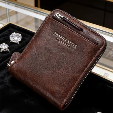 Imagem de Carteira masculina de couro curta com zíper, carteira clássica de café escuro (café escuro)