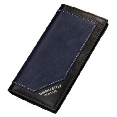 Imagem de Carteira masculina, carteira fina, ultrafina, longa, de couro aberto, organizador retrô de grande capacidade com bloqueio RFID para telefone e cartões (azul marinho)