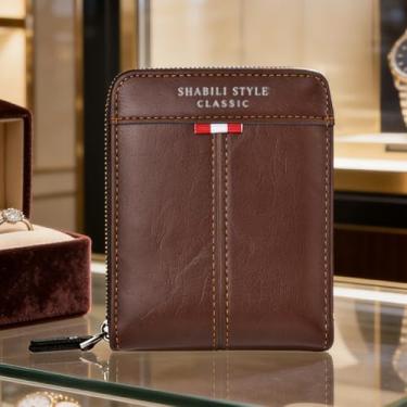 Imagem de Carteira masculina de couro curta com zíper, carteira compacta café escuro (café escuro)