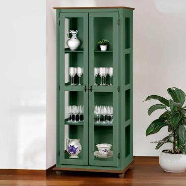 Imagem de Cristaleira Rústica De Madeira 3 Prateleiras Pés Torneados - Verde Kalle Laca Com Tampo E Base Imbuia Glazer