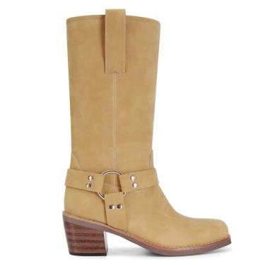 Imagem de MICIFA Botas de equitação femininas de bico quadrado, caubói, cowgirl, sem cadarço, cano médio, motociclista, salto grosso, botas de motociclista ocidentais com tachas, Amarelo, 35