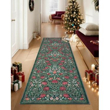 Imagem de GarveeHome Tapete verde vintage floral 5 x 15 cm lavável tapete de cozinha antiderrapante boho longo para corredores quarto entrada tapete de banheiro com traseira de borracha