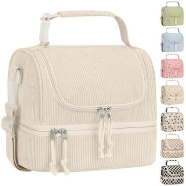 Imagem de Vankor Lancheira infantil, lancheira térmica de veludo cotelê de dois andares para meninas e meninos, alça ajustável à prova de vazamento, grande lancheira para viagens escolares, veludo cotelê bege
