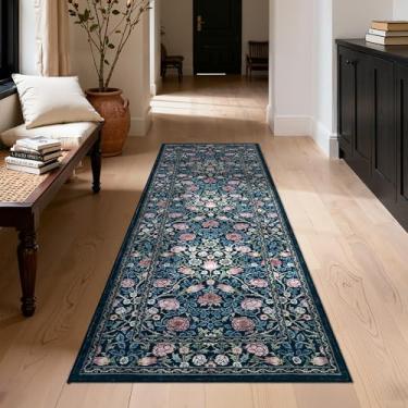 Imagem de GarveeHome Tapete floral lavável, 5 x 15 cm azul para corredores, boho, pilha baixa, antiderrapante, resistente a manchas, tapete longo vintage para entrada, quarto, casa de fazenda