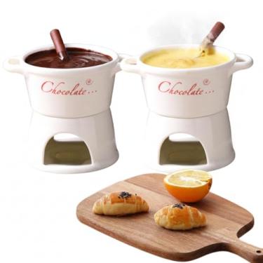 Imagem de GOVNPJ Conjunto de copos de fondue - 2 canecas de fondue de chocolate de cerâmica com tábua de charcutaria - Conjunto de mini fondue para queijo/fondue de chocolate, aquecimento e imersão de manteiga