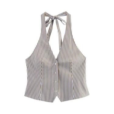 Imagem de Conjunto De Top Cropped Listrado Sem Mangas Com Decote Halter E Calças