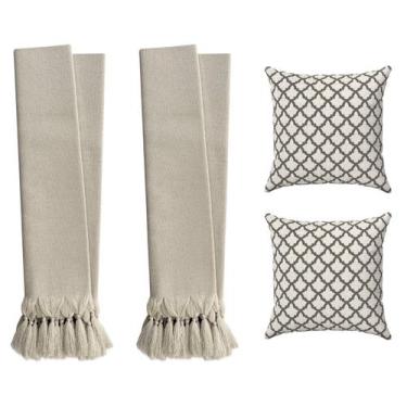 Imagem de Kit 2 Mantas Para Sofá Bege 2,20m + 2 Capas De Almofada Geométricas - 