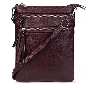 Imagem de befen Bolsa tiracolo pequena de couro legítimo para mulheres, bolsa transversal, bolsas de ombro com vários bolsos com zíper, Borgonha, Small, Bolsa tiracolo de couro pequena