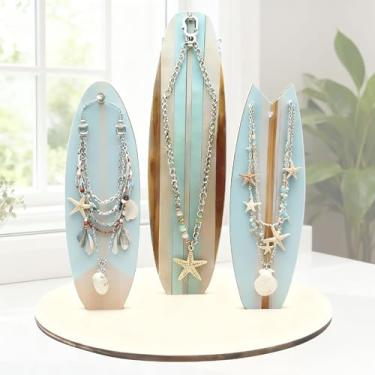 Imagem de IIUIKOO Suporte de joias para meninas adolescentes, organizador de prancha de surf de madeira com ganchos, decoração de quarto de praia costeira, acessório de mesa azul elegante, presente de surfista