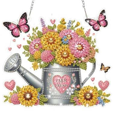 Imagem de Bowetile Kits de pendurar arte de diamante de primavera para adultos, arte de diamante, apanhadores de sol, flores, 5D, formato especial, pintura de diamante, fazenda, regador fresco, pingente