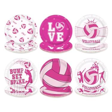 Imagem de Greencian 60 peças de pratos de papel de voleibol rosa, 18 cm, resistente, tema de voleibol, sobremesa, bolo, pratos de papel descartáveis, bandejas esportivas para meninas, chá de bebê, aniversário