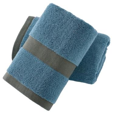 Imagem de YiLUOMO Conjunto de 2 toalhas de mão azuis com faixa tecida contrastante super macia altamente absorvente 100% algodão toalhas decorativas de secagem rápida para decoração de banheiro 33 x 73