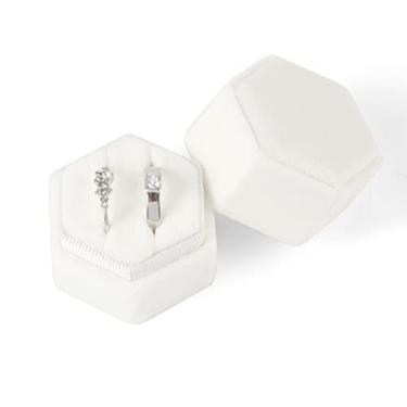 Imagem de 1 caixa de anel de veludo para presentes de joias, caixa de anel hexagonal duplo canelado para casamento, casamento, dia dos namorados, comporta 2 anéis (branco)