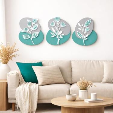 Imagem de Kit 3 Quadros Decorativos Abstratos Folhas Modernas Variadas em MDF para Sala Quarto Escritório(Verde)