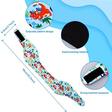 Imagem de 4 peças de faixa de cabeça de natação para, tampões de ouvido ajustáveis à prova d'água para nadar, faixa de ouvido com desenho fofo, tampões de ouvido de proteção de natação Dinasour, padrões de vida