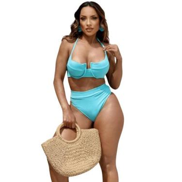 Imagem de Conjunto Biquíni Feminino Canelado Cintura Alta Hot Pants - Shoptucom,