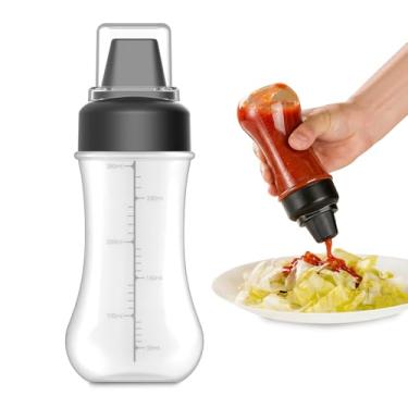 Imagem de Garrafa transparente com bocal de 5 furos e marcas de medição, dispensador de condimentos reutilizável de 350 ml para ketchup, mostarda, molho para salada, óleo e vinagre (preto)