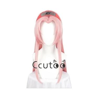 Imagem de Peruca Sintética Longa Rosa Haruno Sakura Para Cosplay Com Chapéu Verm