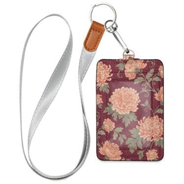 Imagem de Burbuja Porta-crachá de couro com cordão, etiqueta de identificação floral com 1 janela transparente para identidade e 2 compartimentos para cartão para escritório, enfermeira, professor, médico