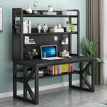Imagem de Mesa de computador com prateleiras de armazenamento e quadro de estandes moderna mesa de trabalho de estudo grande para escritório em casa (47 polegadas, cinza + preto)