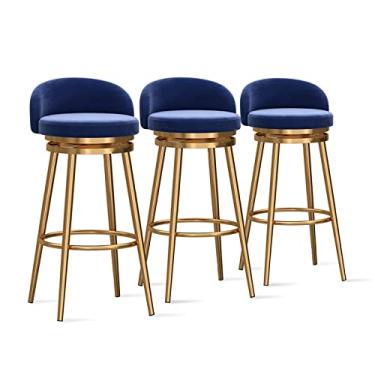 Imagem de Banquetas de balcão Conjunto de 3 - Bancos de bar estofados de veludo com perna de metal dourado, cadeiras de bar de ilha de cozinha modernas cadeiras de jantar com encosto baixo, 64 cm A, azul