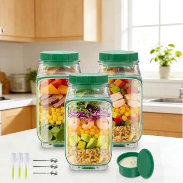 Imagem de SaladPod Mason Jar Side Open – Recipiente de salada à prova de vazamento para almoço com compartimento de molho, seguro para micro-ondas e lava-louças, pote portátil de preparação de refeições para