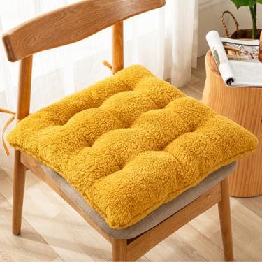 Imagem de SHEKAKO Almofada de assento de imitação de lã de cordeiro, almofada de cadeira de pelúcia espessa para o inverno, almofada quadrada com gravatas, almofadas de cadeira de mesa de cozinha de 8,9 cm de