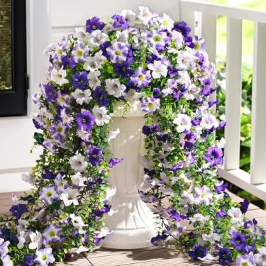 Imagem de Waipfaru Flores artificiais de petúnias para ambientes externos, 4 peças de plantas falsas resistentes a UV, decoração externa, flores de seda sintética, trepadeiras longas para plantadores ao ar