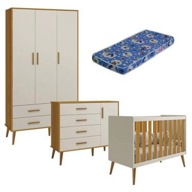 Imagem de Quarto De Bebê Isis 3 Portas Areia Acetinado Savana Com Colchão Ortobom - Reller
